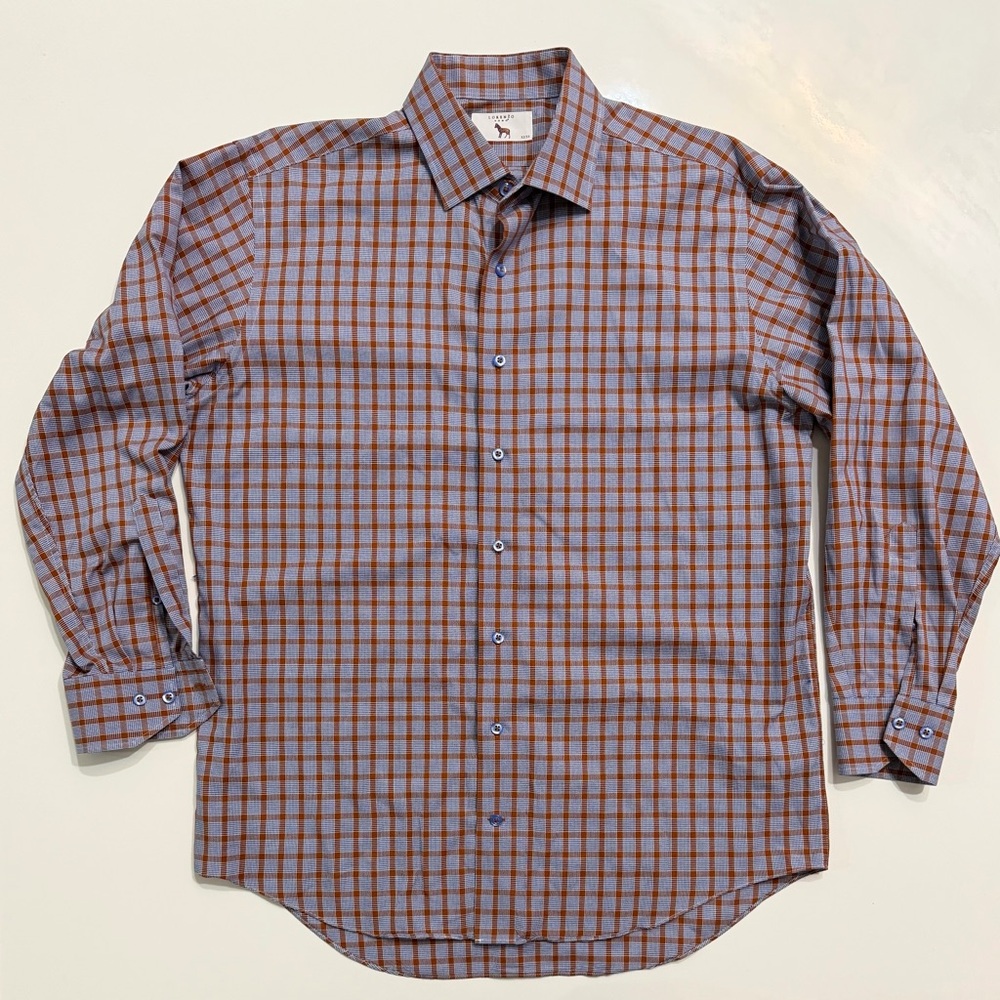 Lorenzo Uomo Blue Brown Check Dress Shirt 16.5 32/33 100% Cotton NWOT